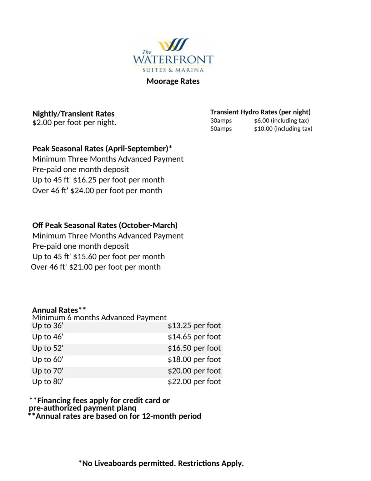 Moorage Rates The Waterfront Suites and Marina